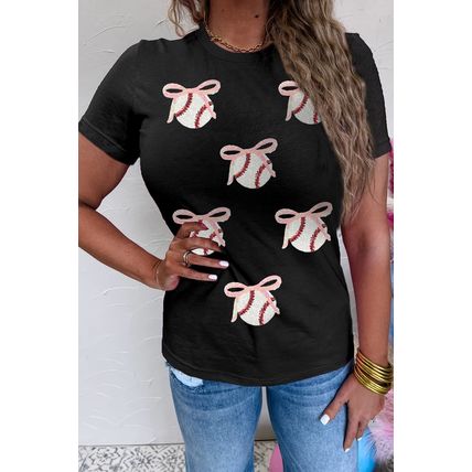 Black Shimmering Sequin Bow Ball Patterned Game Day Casual Tee