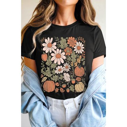 Black Wild Flower Pumpkin Print T Shirt