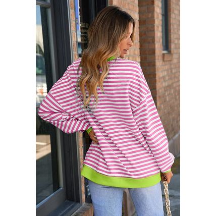 Rose Red Striped Contrast Ribbed Trim Crossed Stitch Drop Shoulder Sweatshirt