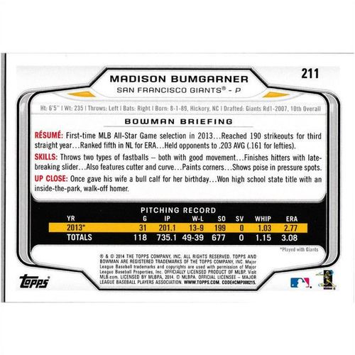2014 Bowman - #211 - Madison Bumgarner