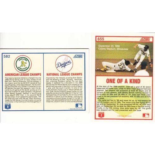 Two 1989 Score Jose Canseco cards 582, 655 - NM –Athletics- World Series & 40/40