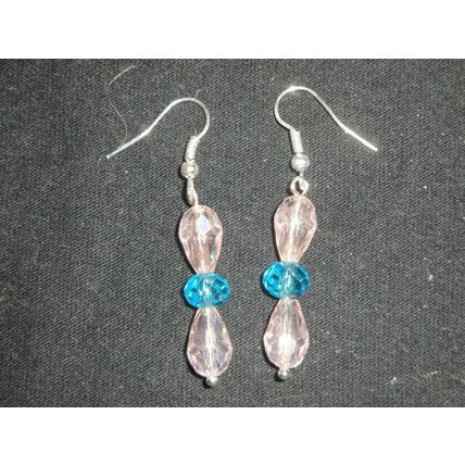 Unique two pink peardrop & baby blue crystal glass earrings
