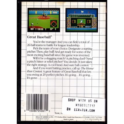 Great Baseball Sega Master 1987 Video Game - Complete - Good