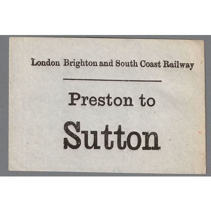 LONDON BRIGHTON & SOUTH COAST RLY LUGGAGE LABEL-PRESTON PARK to SUTTON