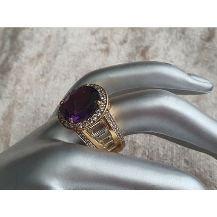Lusaka Amethyst & White Topaz Oval Halo RING Sz O½ 14k Gold Overlay 925 Silver
