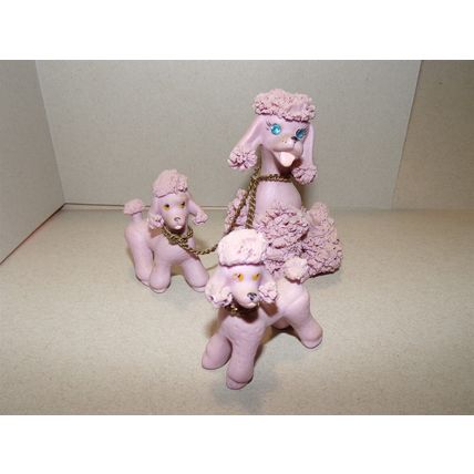 Vintage Pink Poodle Family Spaghetti Ceramic Blue Stone Eyes Mom Puppies