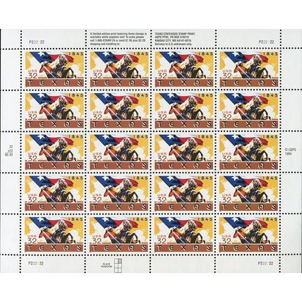 Texas Sheet of Twenty 32 Cent Postage Stamps Scott 2968