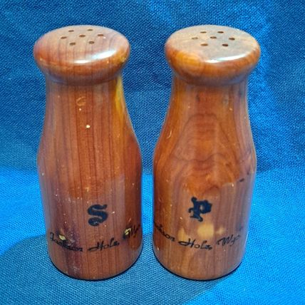 Vintage WOOD SALT & PEPPER SHAKERS Set Historic Jackson Hole Wyo Milk Jug Shape