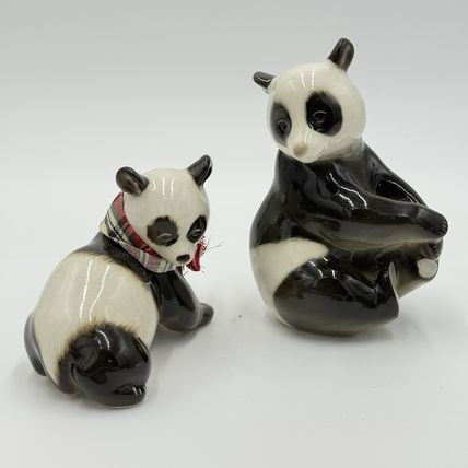 VINTAGE Lomonosov Glazed Porcelain Panda Bears USSR 5” Mom and Baby Figurines