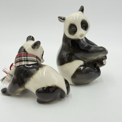 VINTAGE Lomonosov Glazed Porcelain Panda Bears USSR 5” Mom and Baby Figurines