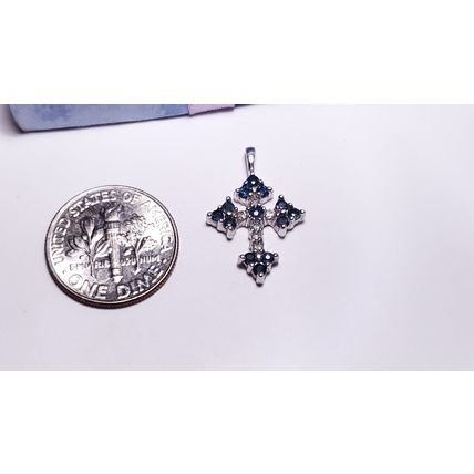 Estate .31ctw Natural Rd Diamond and Blue Sapphire 10Kt WG Cross Pendant #22466