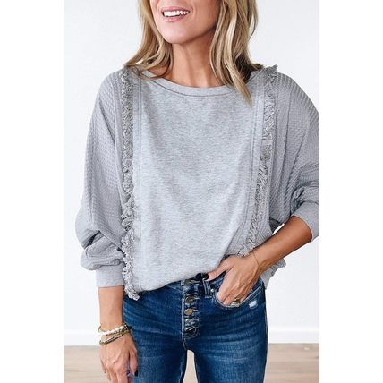 Light Grey Waffle Patchwork Long Sleeve Raw Hem Pullover Top