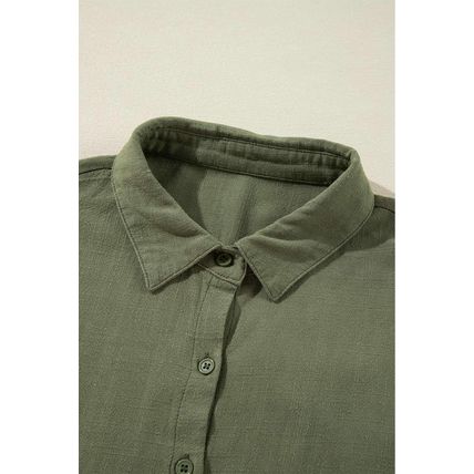 Jungle Green Puff Sleeve Buttoned Tiered Pleated Shirt Mini Dress