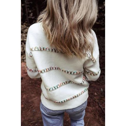 White Colorful Crossed Stitch Drop Shoulder Sweater