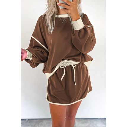 Coffee Color Contrast Loose Pullover and Lace-up Waist Skort Set