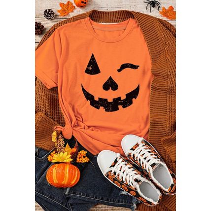 Orange Halloween Pumpkin Face Print Crew Neck T Shirt