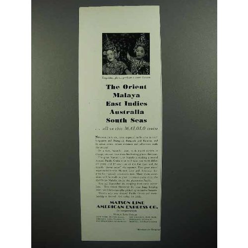 1930 Matson Cruise Line Ad - Orient, Malaya, South Seas