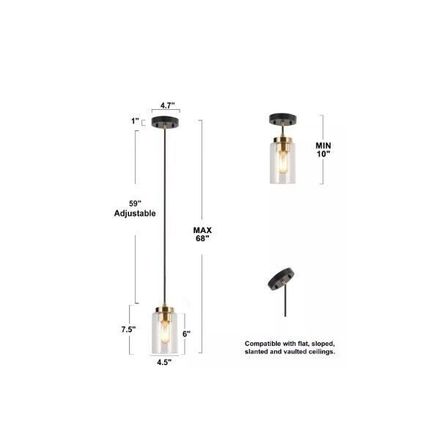 Zevni 4.7 in. 1-Light Brass Gold/Black Mini Pendant Light, Seeded Glass Pendant