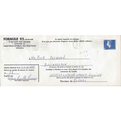 Canada. #EN817b Election Postal Envelope 1968 Used CAMEO Lachine Quebec