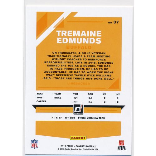2019 Donruss Football Base 37 Tremaine Edmunds Buffalo Bills