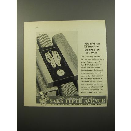 1950 Saks Fifth Avenue Hunt & Winterbotham Shetland Jacket Ad - You give him