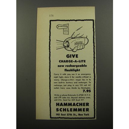 1956 Hammacher Schlemmer Charge-a-lite Flashlight Advertisement