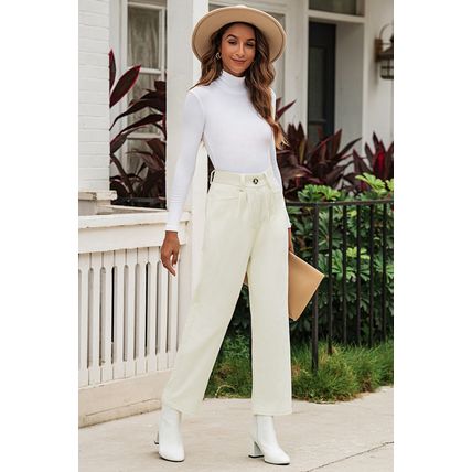 Beige Corduroy High Waist Straight Leg Pants