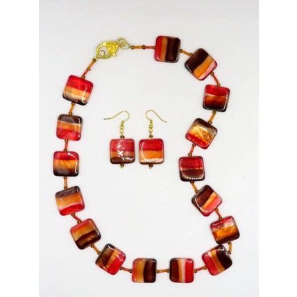 Orange, Red & Brown Shell Necklace & Drop Earring Set Handmade Gift Christmas