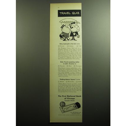 1958 First National Bank of Chicago Ad - Travel Quiz Only hotel-jail