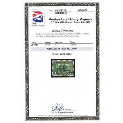 397, Used 1¢ XF/Superb - With PSE Graded 95 Certificate * Stuart Katz