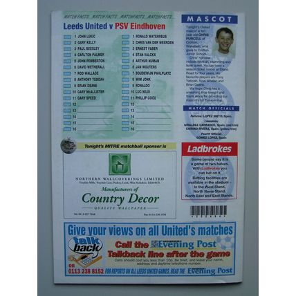 LEEDS UNITED v PSV EINDHOVEN UEFA Cup 2nd Round 17/10/1995