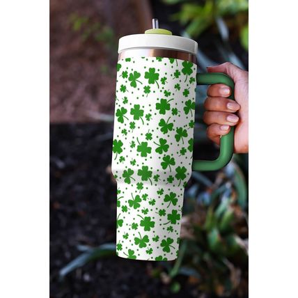 Dark Green Clover Print Thermos Cup with Handle 1200ml