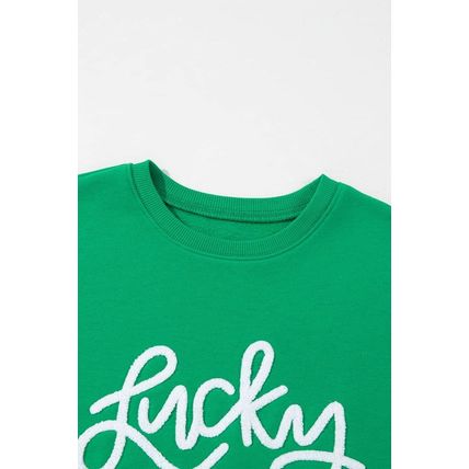 Green LUCKY Aphabet Chenille Embroidered Pullover Sweatshirt