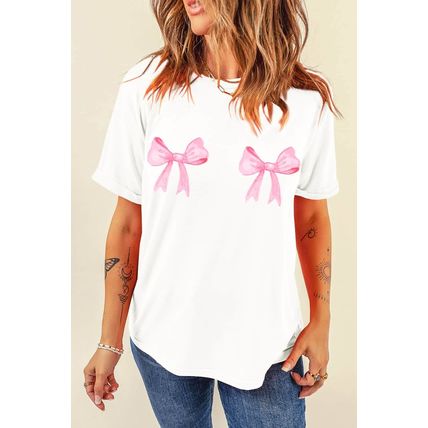 White Sweet Bow Knot Print O Neck Casual T Shirt