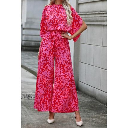 Rose Leopard Loose Sleeve Belted Wide Leg Jumpsuit