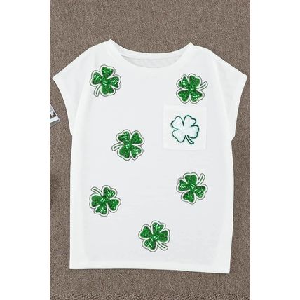 white Sequin St Patrick Clover Patch Pocket Loose Tee