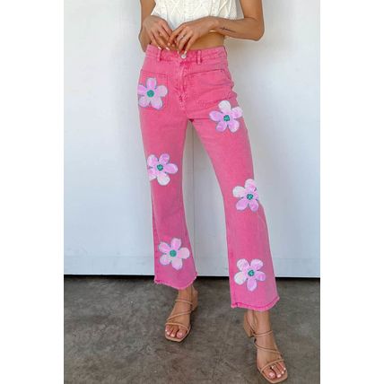 Pink Flower Patterns Raw Hem Flare Jeans