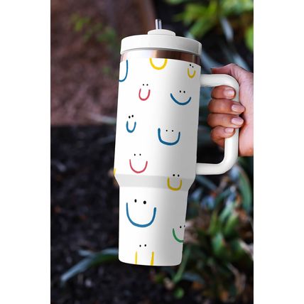 White Smiling Face Print Handle Vacuum Cup 1200ml