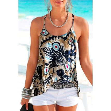 Beige Floral Spaghetti Straps Strappy Back Tank Top