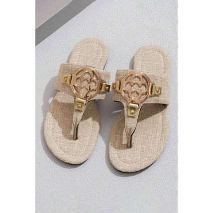 Beige Metal Décor Leather Thong Slippers