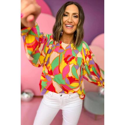 Yellow Abstract Print Puff Sleeve Blouse