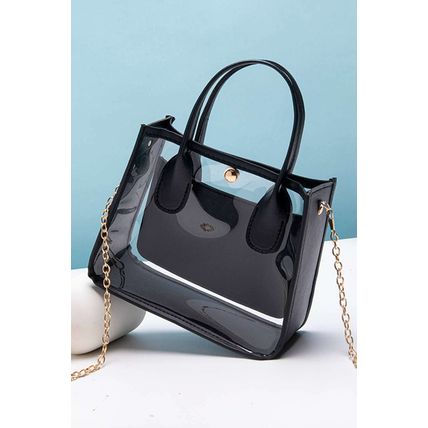 Black PVC PU Leather Patchwork Chain Strap Shoulder Bag