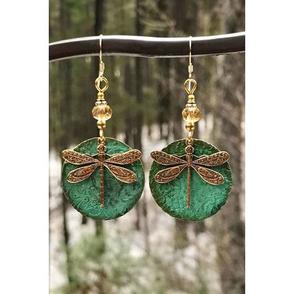 Dark Green Retro Dragonfly Hook Drop Earrings
