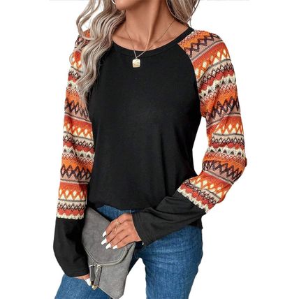 Orange Geo Print Raglan Patchwork Long Sleeve Tee