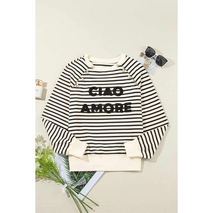 Black Stripe CIAO AMORE Graphic Buttoned Pullover Sweatshirt