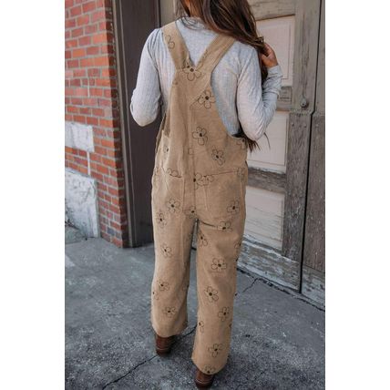 Khaki Flower Print Corduroy Overalls