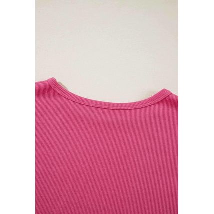 Sachet Pink Flower Patchwork Ruffled Sleeve Ribbed Knit Drop Shoulder Top