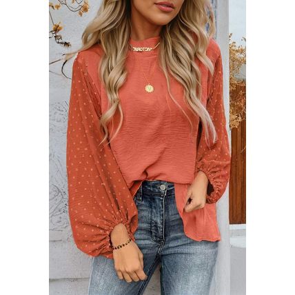 Russet Orange Swiss Dot Balloon Sleeve Loose Blouse