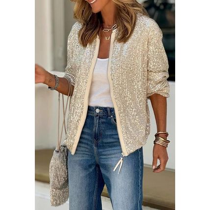 Apricot Sequin Zip up Round Neck Long Sleeve Jacket