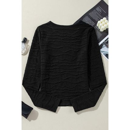Black Solid Wavy Textured Slim Fit Long Sleeve T Shirt